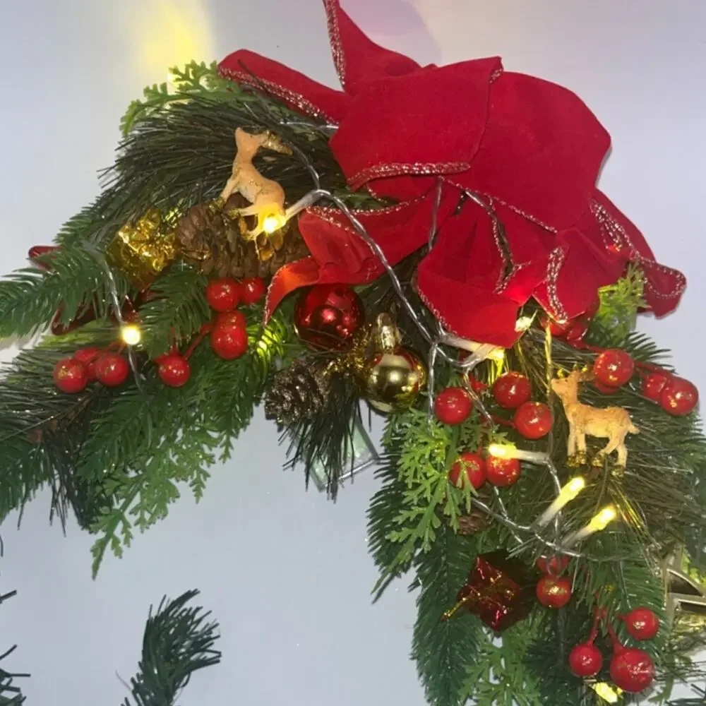 Lighted Mantel Christmas Fake Pine Tree Swag Pinecones Berries Ornaments Deer